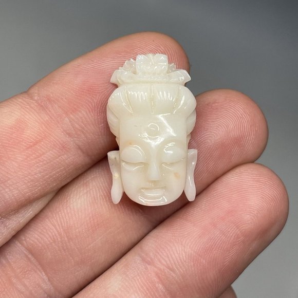 1" Antique Hand Carved Angel Coral Buddha Face Boddhisatva Chinese Pendant Head - Picture 2 of 14